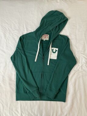 True Religion Forest Green Zip Hoodie with White Pocket Logo